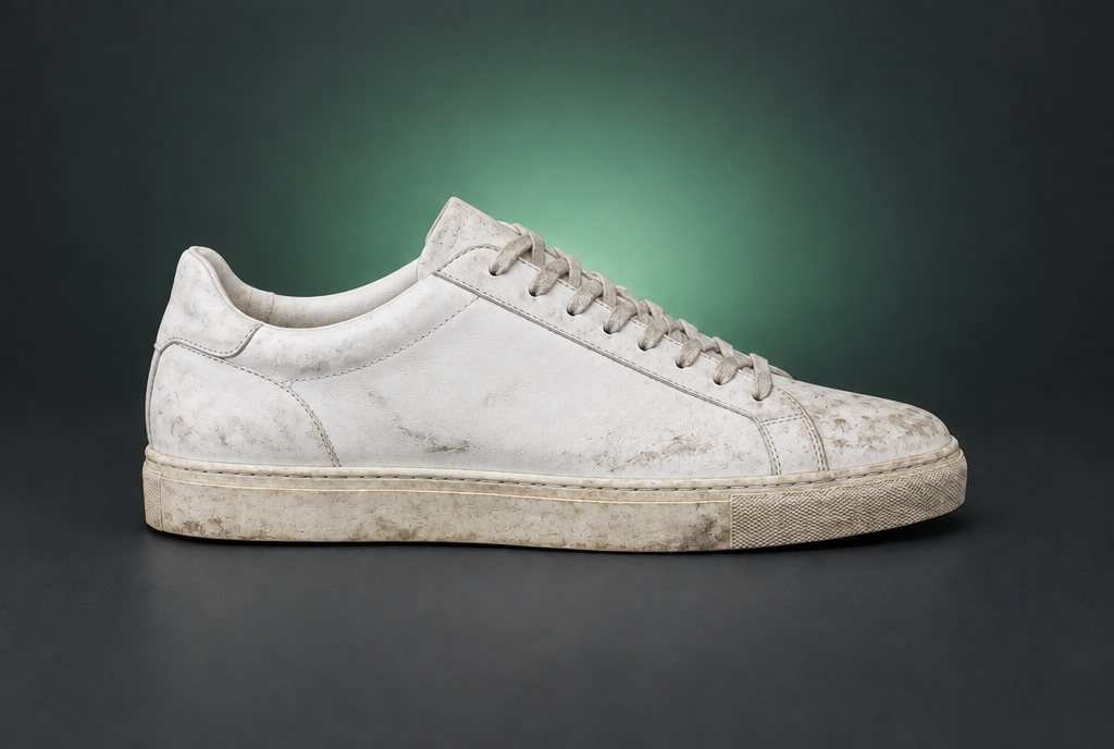 White sneaker before cleaning — dusty and scuffed