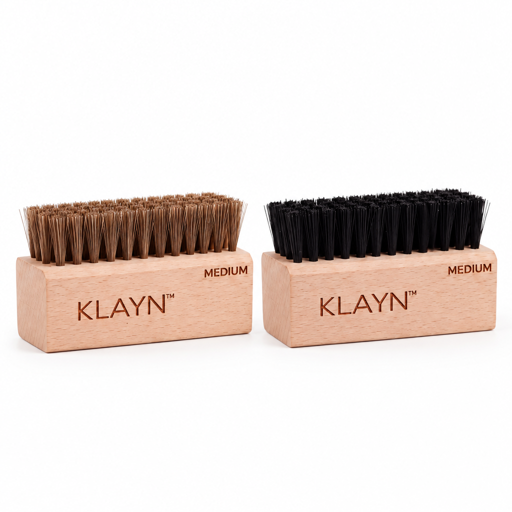 KLAYN brushes in brown and black on white background