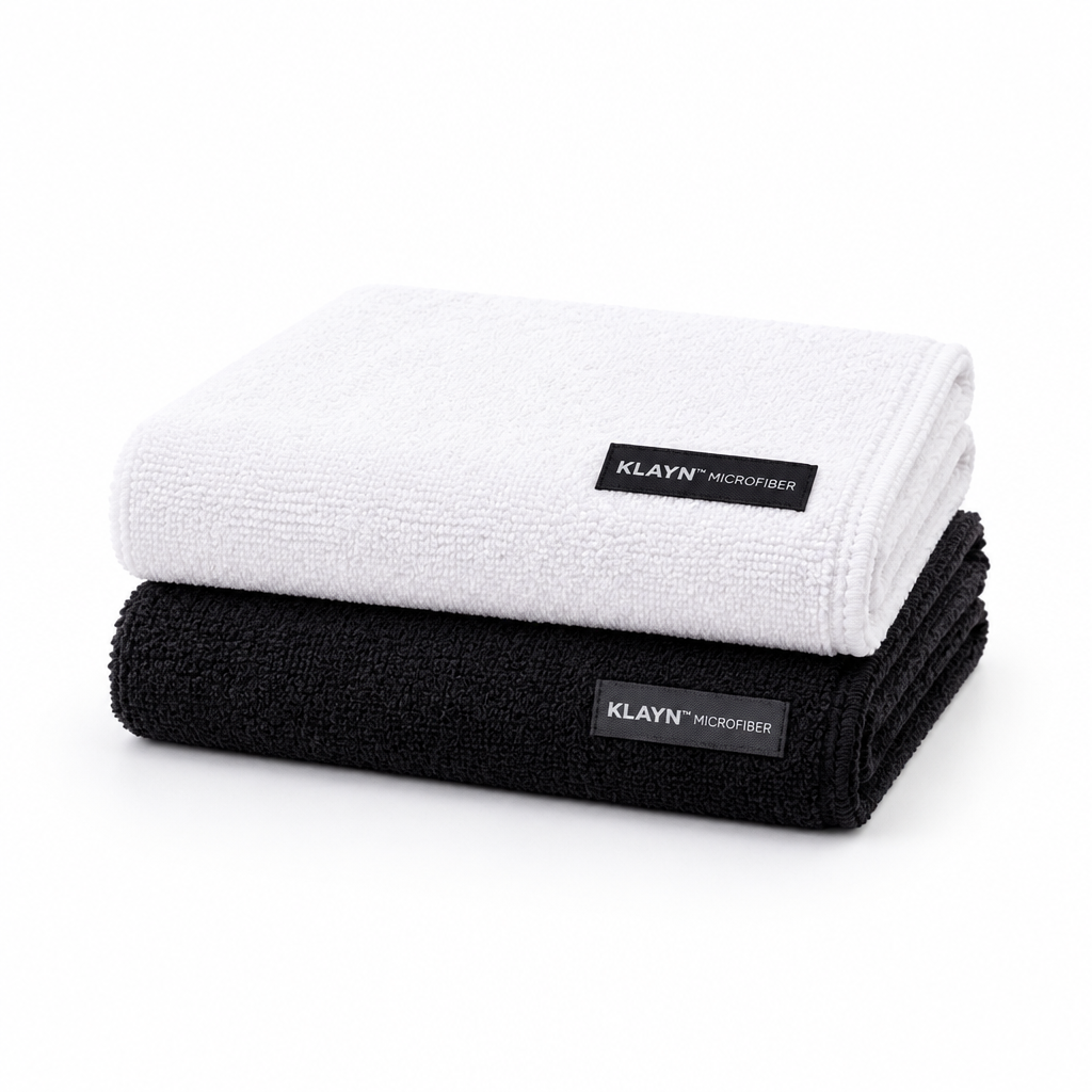 KLAYN microfiber towels white and black on white background