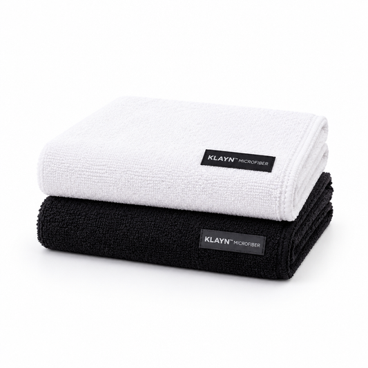 KLAYN microfiber towels white and black on white background